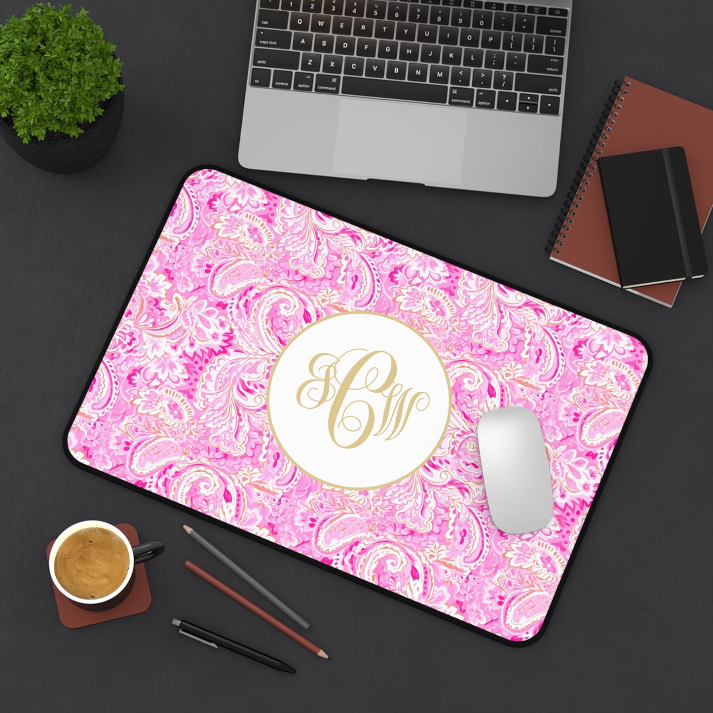 Personalized Desk Mat, Elegant Pink Paisley