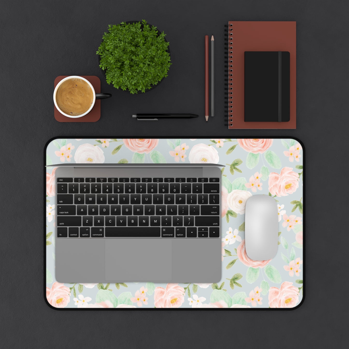 Floral Coquette Desk Mat — Pink & White Rosebud Mouse Pad