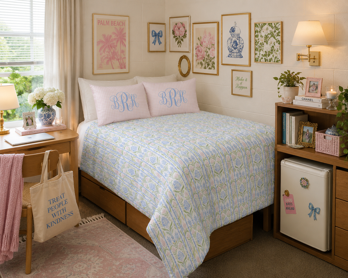 Blue Floral Cotton Duvet Cover Set with Pink Gingham Shams | Teen Girl Bedding