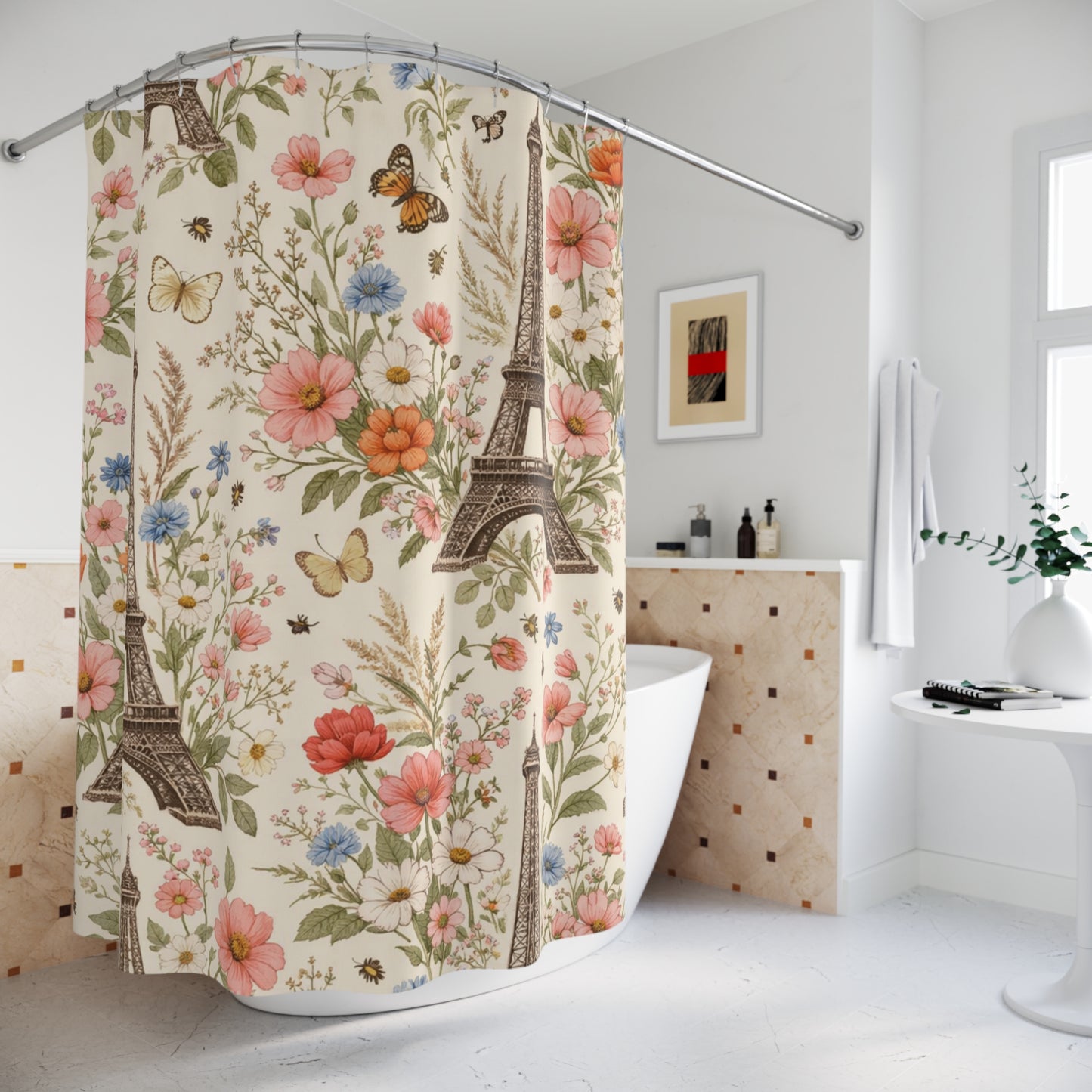 Boho Wildflower Eiffel Tower Shower Curtain — French Floral Bathroom Decor