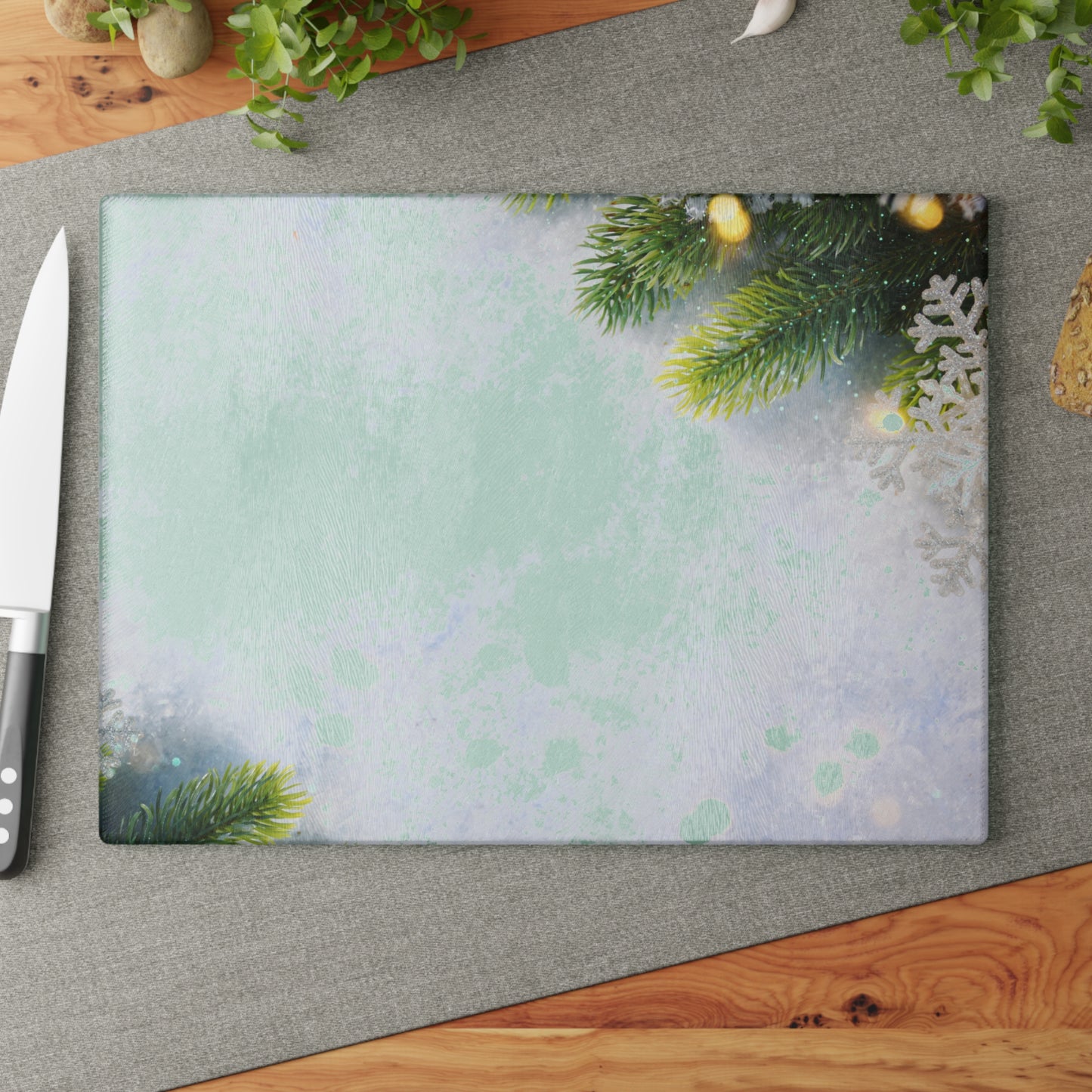 Holiday Pine Glass Cutting Board — Festive Evergreen & Snowflake Kitchen Board