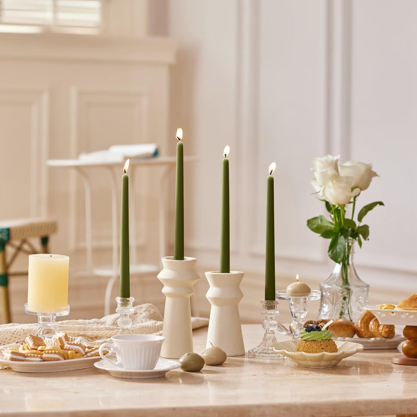Olive Green Dripless Taper Candles 10" – Set of 4 Smokeless & Unscented
