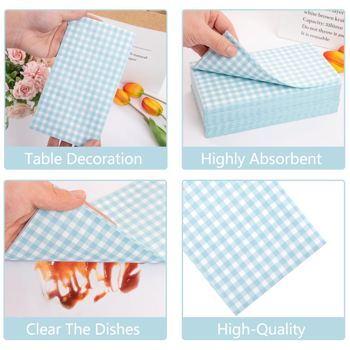 Baby Blue Checkered Napkins 150‑Pack – 3‑Ply Gingham Disposable