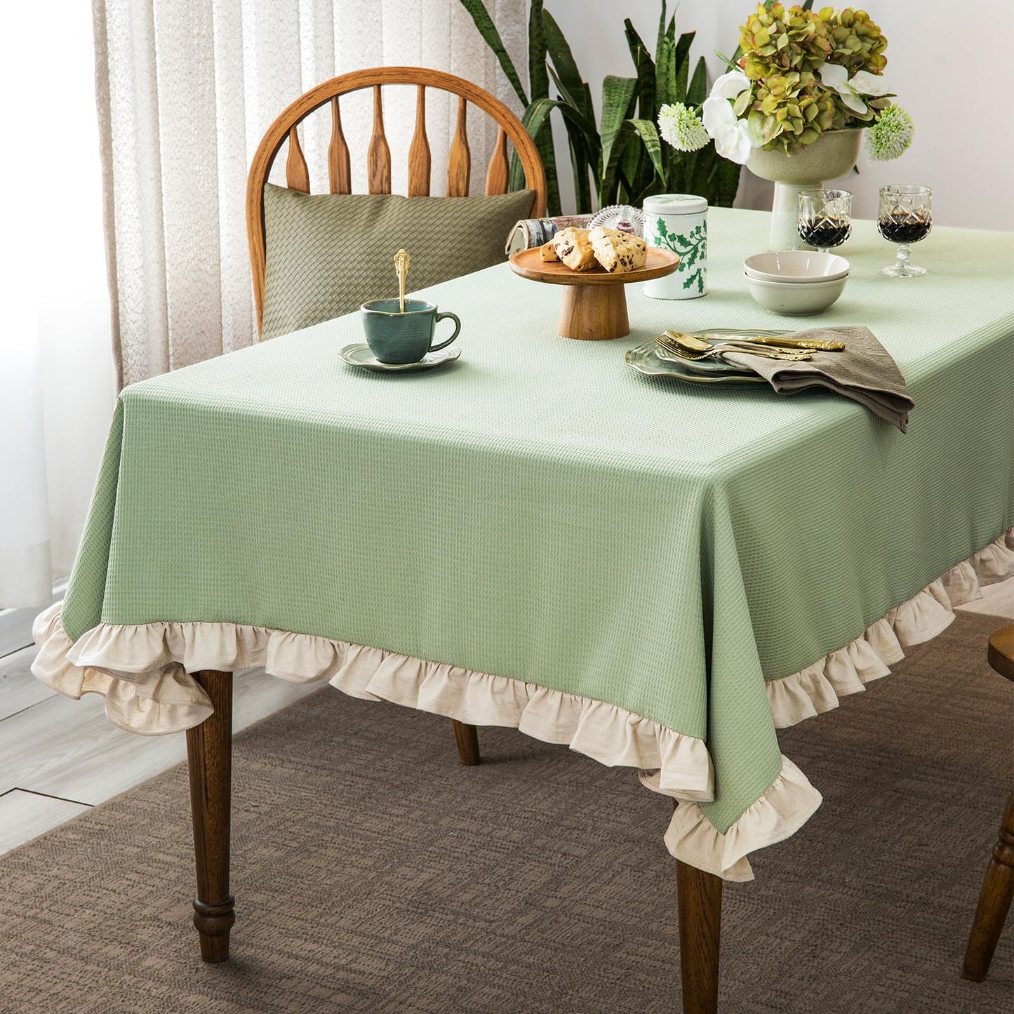 Waffle Weave Tablecloth with Ruffle Trim – Pea Green 52x70"