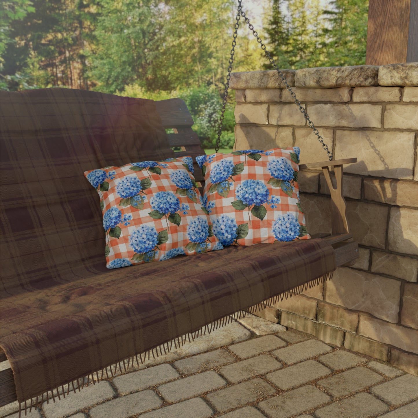 Red Gingham with Blue Hydrangeas Outdoor Pillows | Floral Patio Throw Pillow