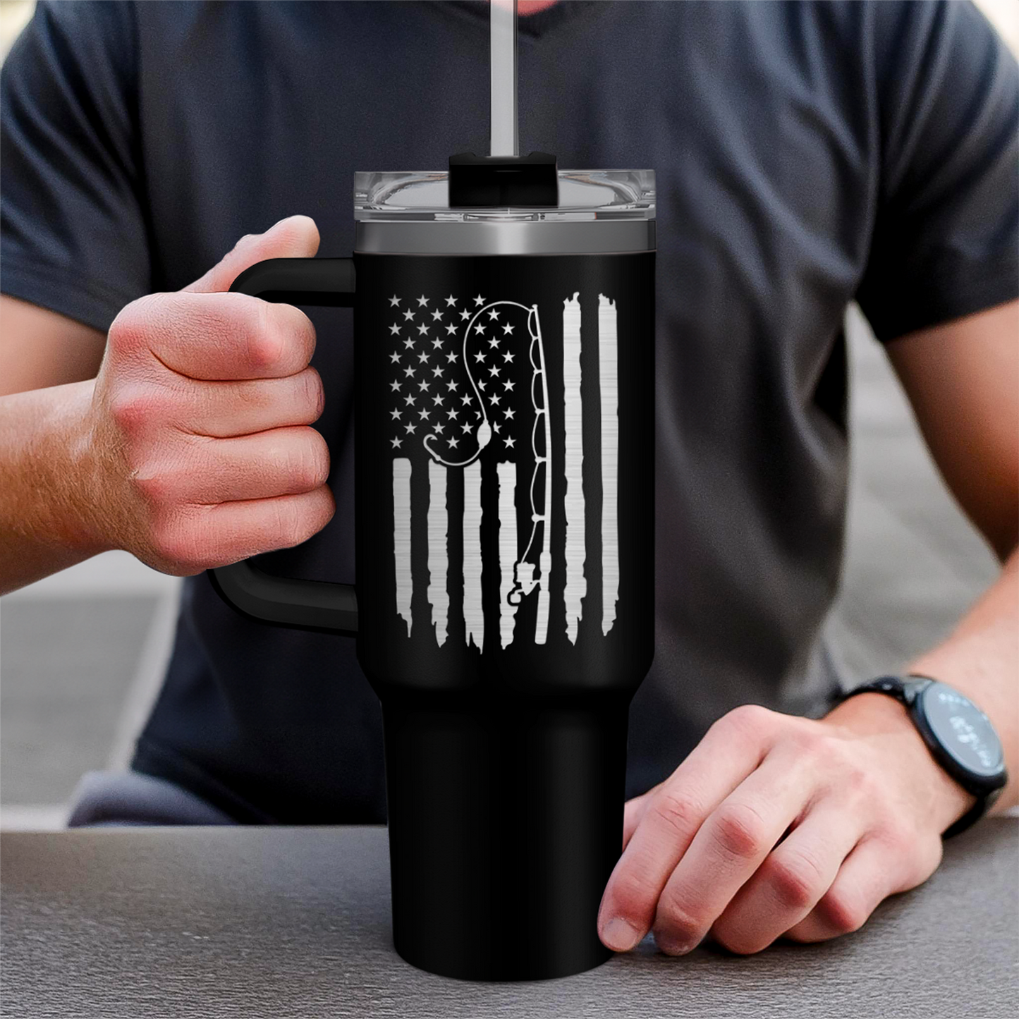 Black Fishing Quencher Tumbler with Handle 40oz