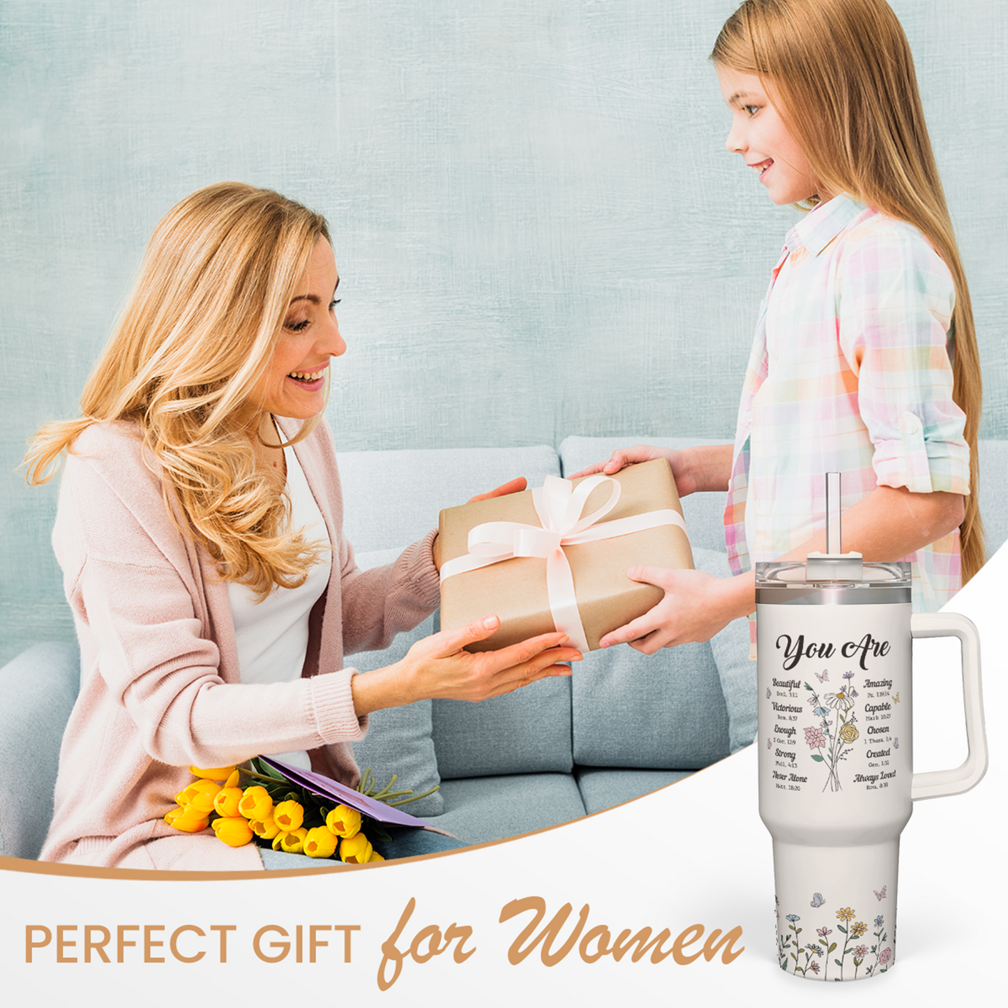 White Christian Quencher Tumbler with Handle 40oz