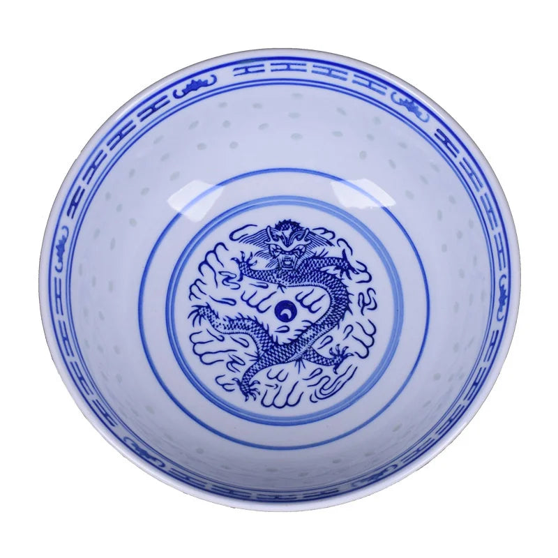 DecorBites™ Ceramic Dragon Print Rice Bowl - Blue and White Soup & Salad Dish