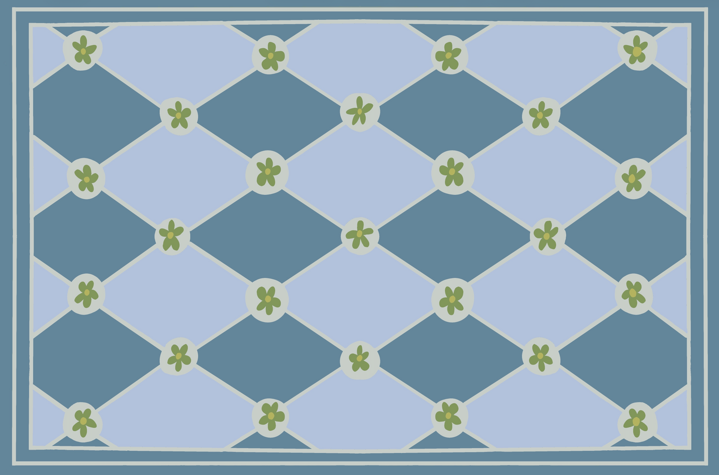 "Hopscotch & Daisies" Blue on Blue Checkerboard Cottage Floral Vinyl Floor Mat - 24"x36"