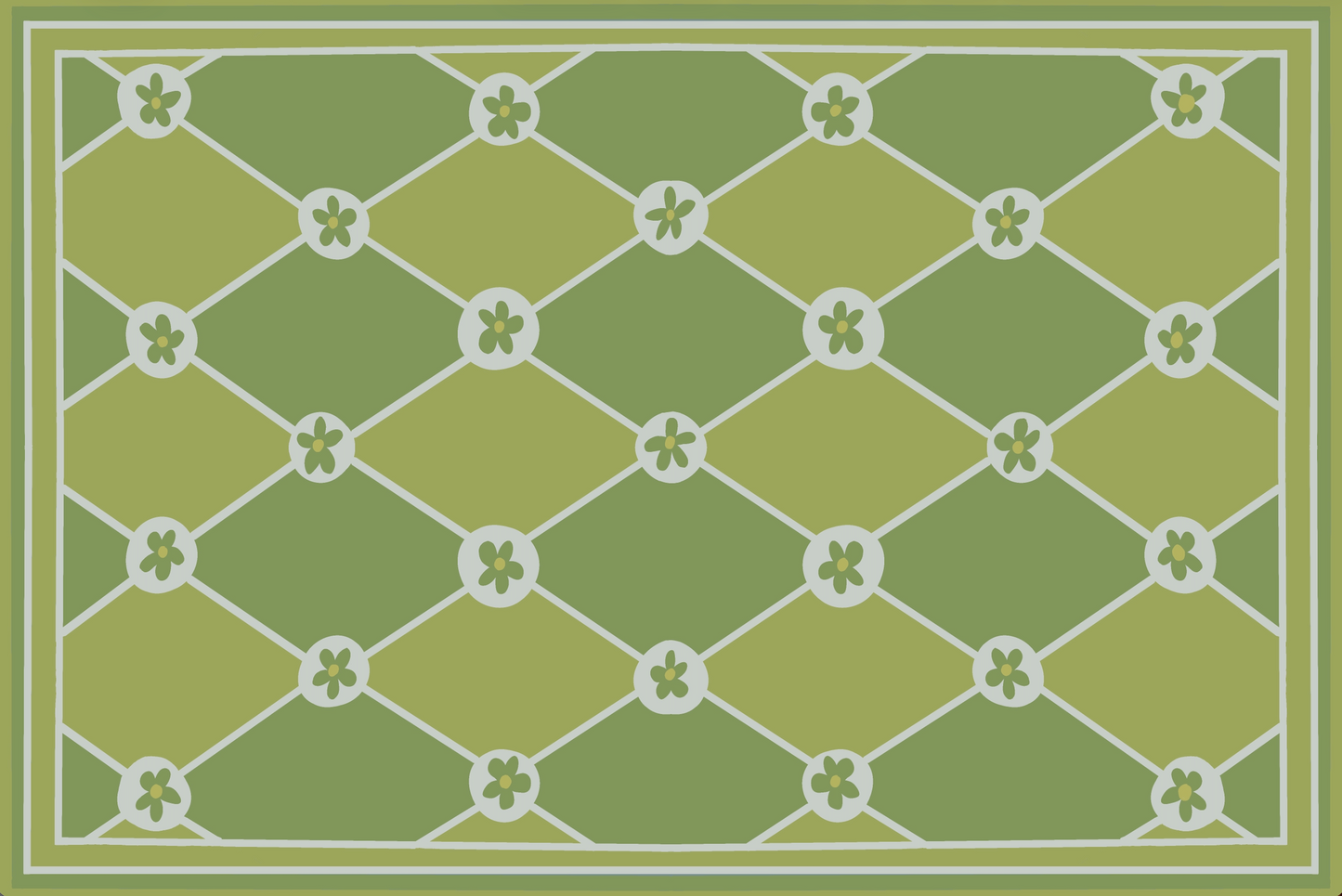 "Hopscotch & Daisies" Green on Green Checkerboard Cottage Floral Vinyl Floor Mat - 24"x36"