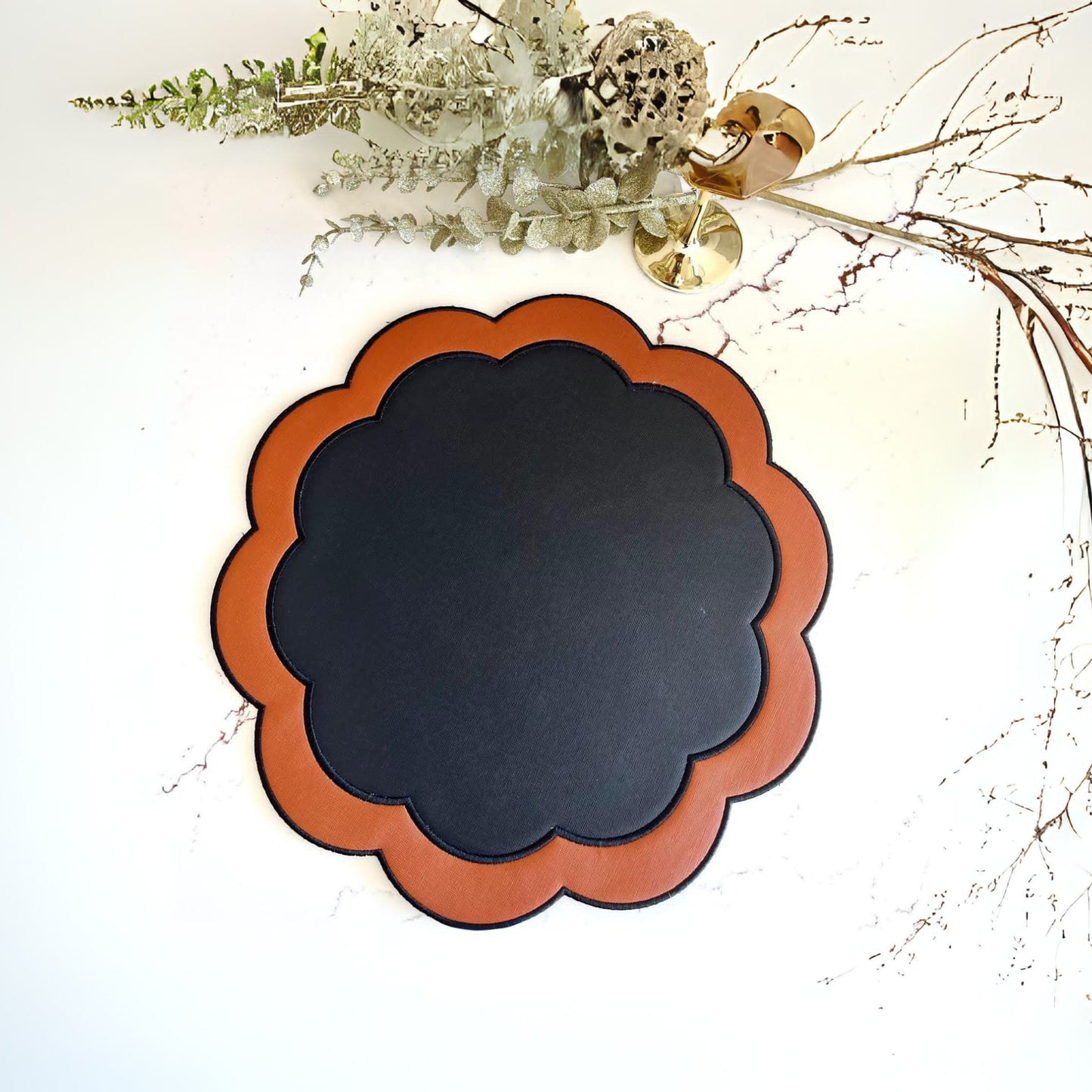SERENITY BLACK ORANGE SCLALOPED FAUX LEATHER PLACEMAT