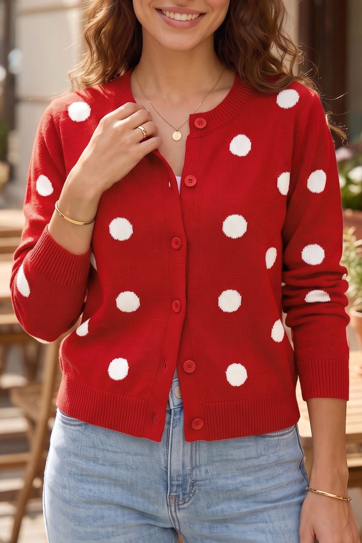 Yellow Cream Casual Polka Dot Button Front Long Sleeve Sweater Cardigan