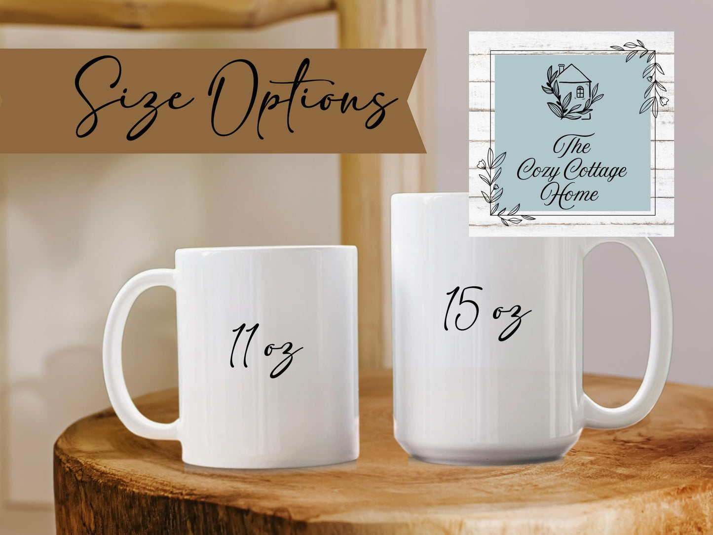 two white coffee mugs sitting on top of a wooden table