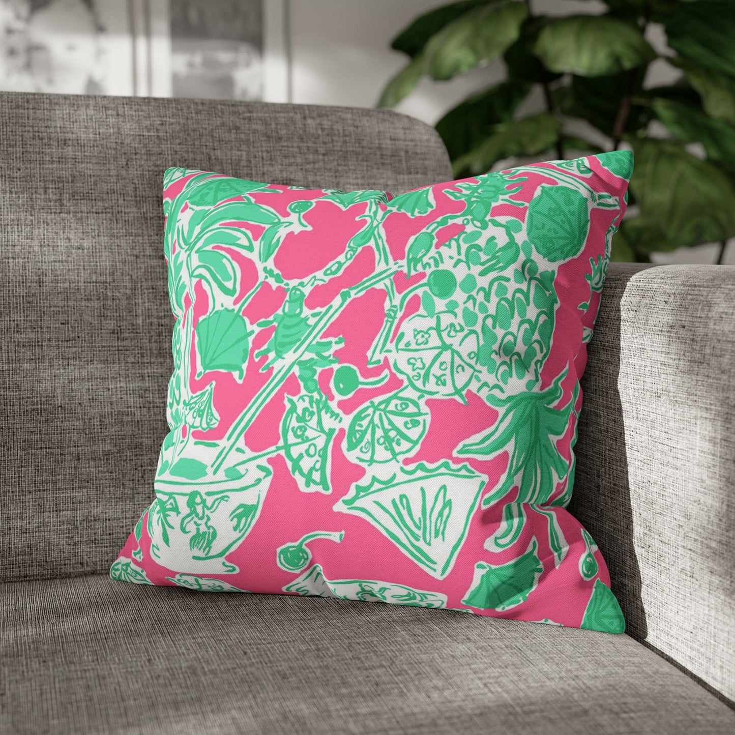 Custom Throw Pillow, Pink and Green Tropical
