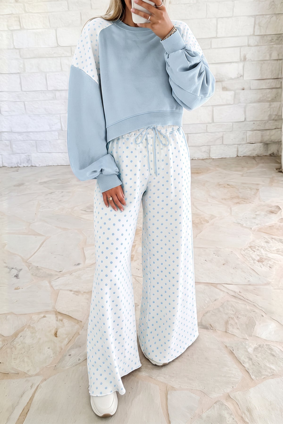 Pink Polka Dot Patchwork Colorblock Long Sleeve Casual Two Piece Pants Set