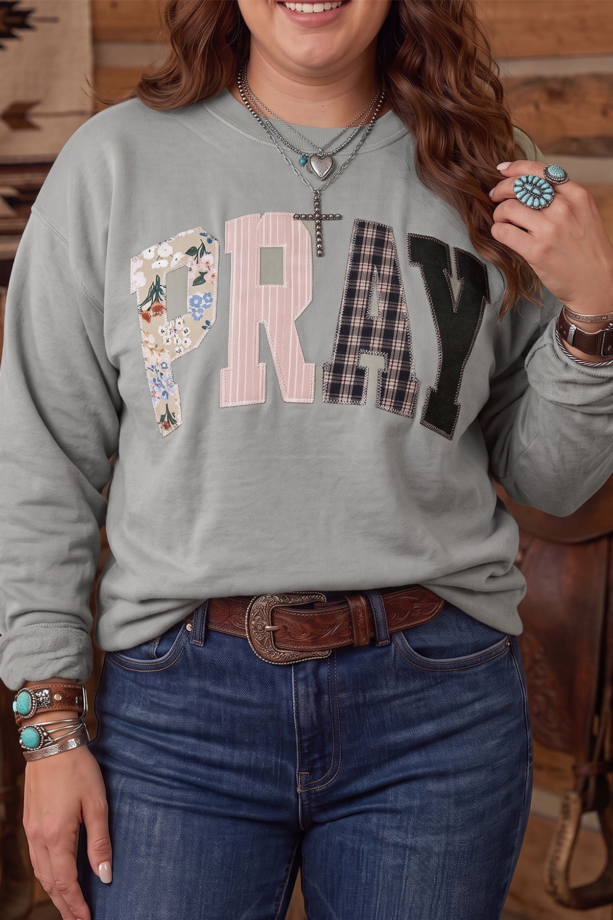 Coffee PRAY Letter Patchwork Round Neck Long Sleeve Plus Size Sweatshirt
