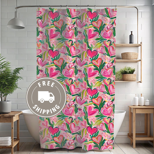 Custom Shower Curtain, Pink Floral and Hearts