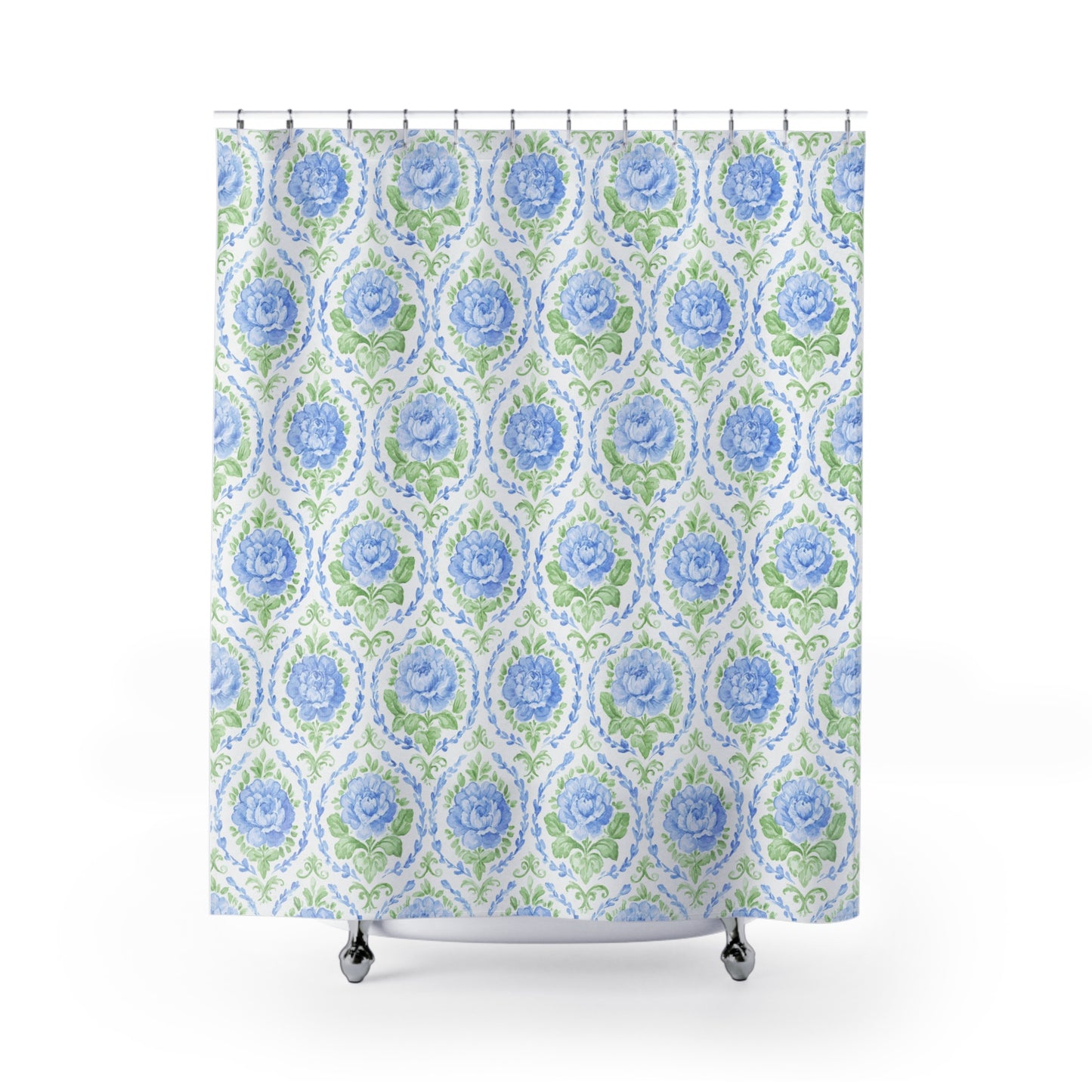 Blue Floral Damask Shower Curtain | Watercolor Rose Pattern