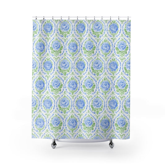 Blue Floral Damask Shower Curtain | Watercolor Rose Pattern