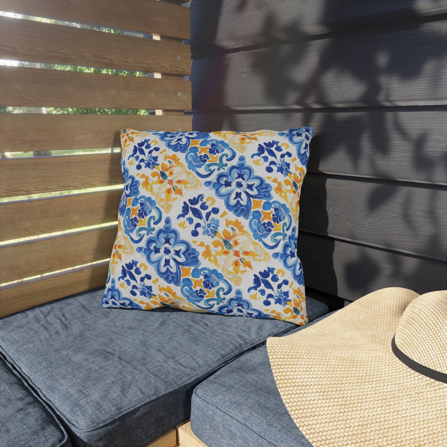 Blue and Yellow Mosaic Watercolor Floral Outdoor Pillows