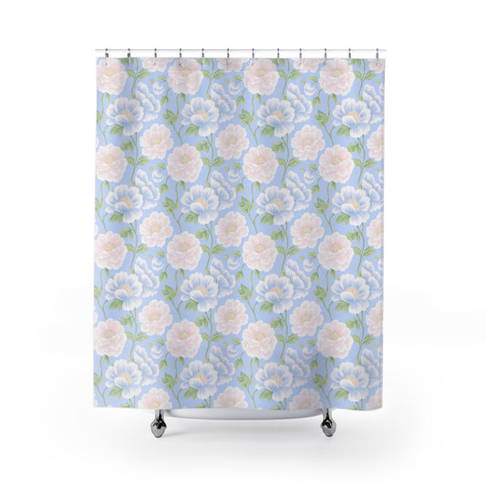 Pastel Peony Shower Curtain — Vintage Blue Floral Bathroom Decor