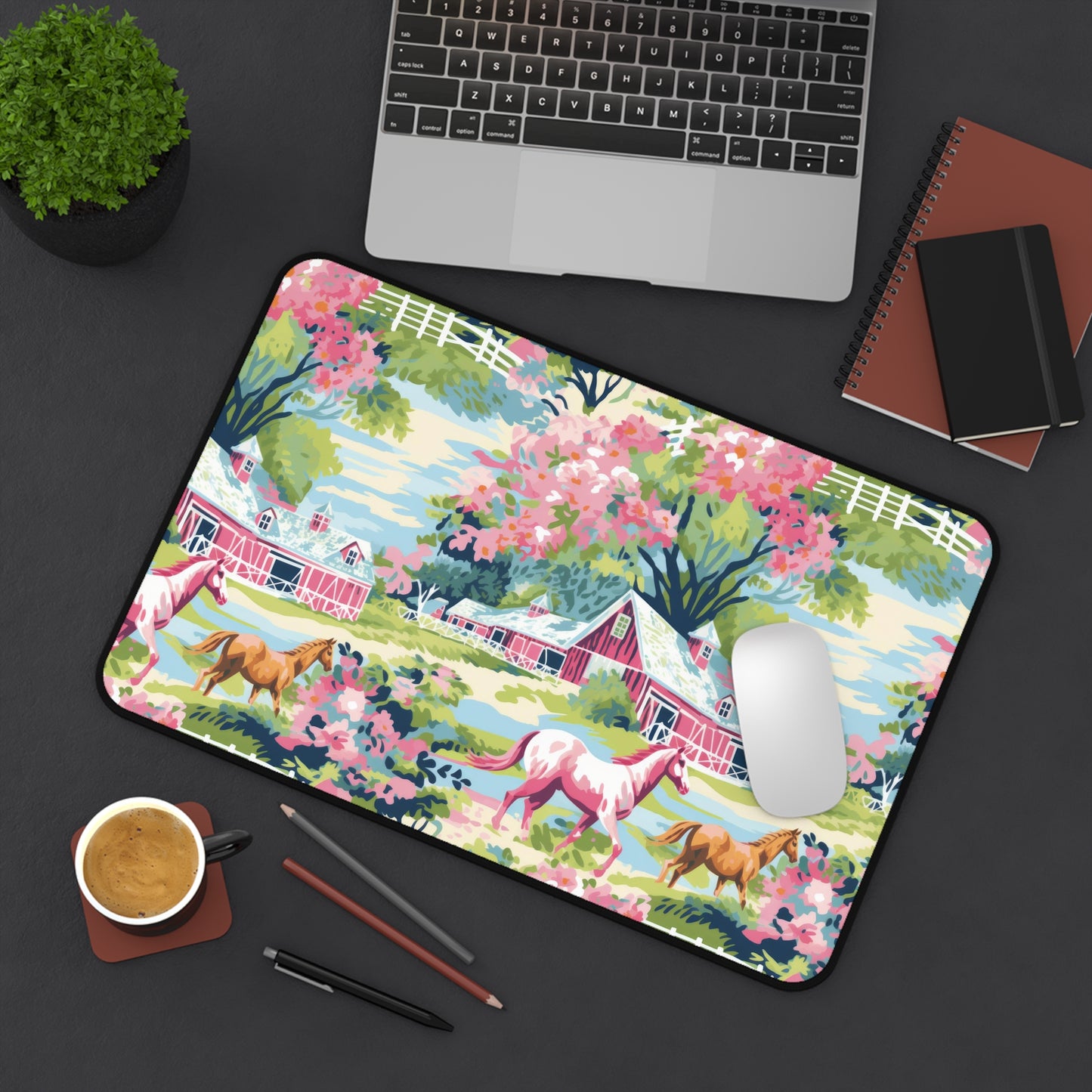 Watercolor Horse Stable Desk Mat — Bright Equestrian Horses Desk Pad
