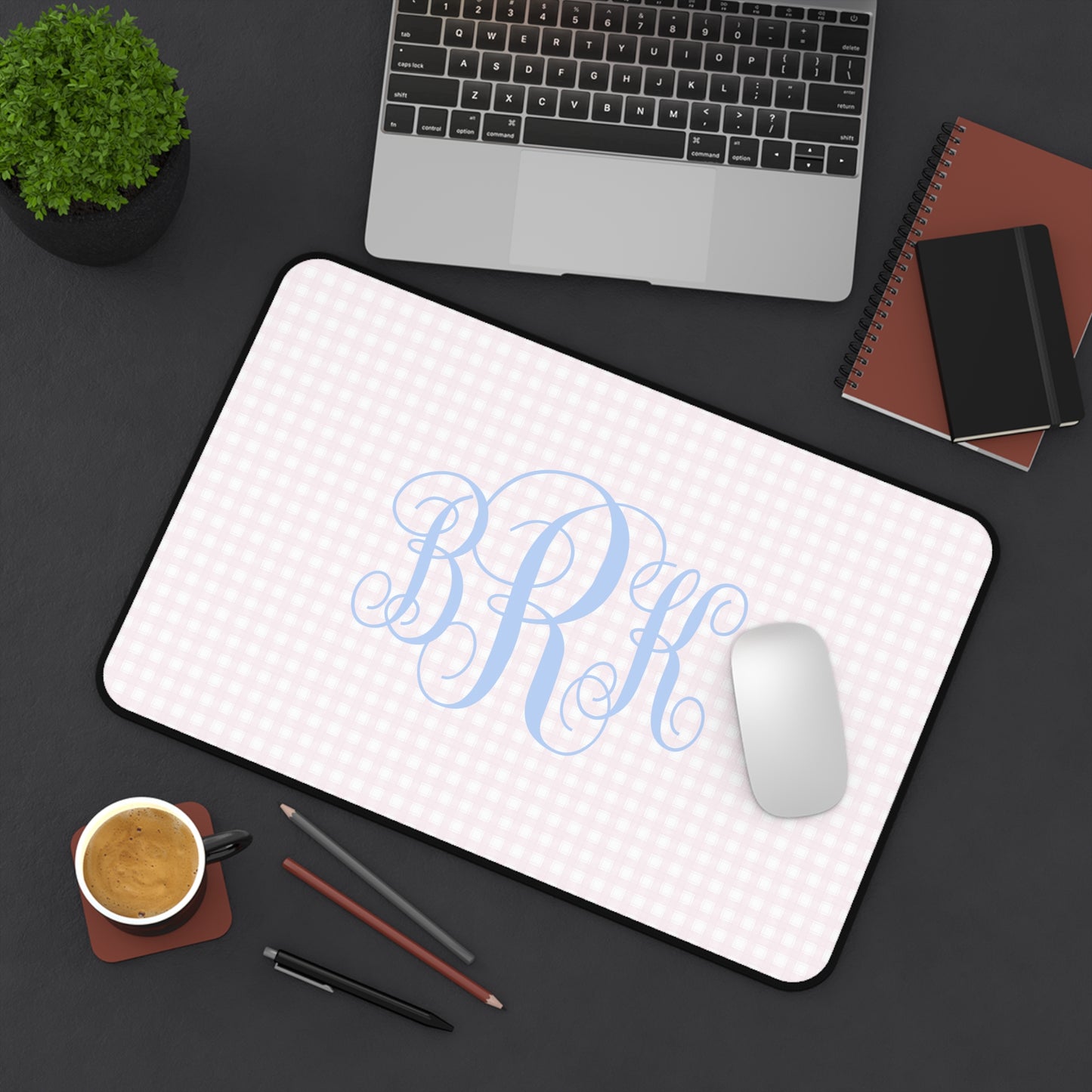 Blue Script Monogram Desk Mat | Pink Gingham Mouse Pad