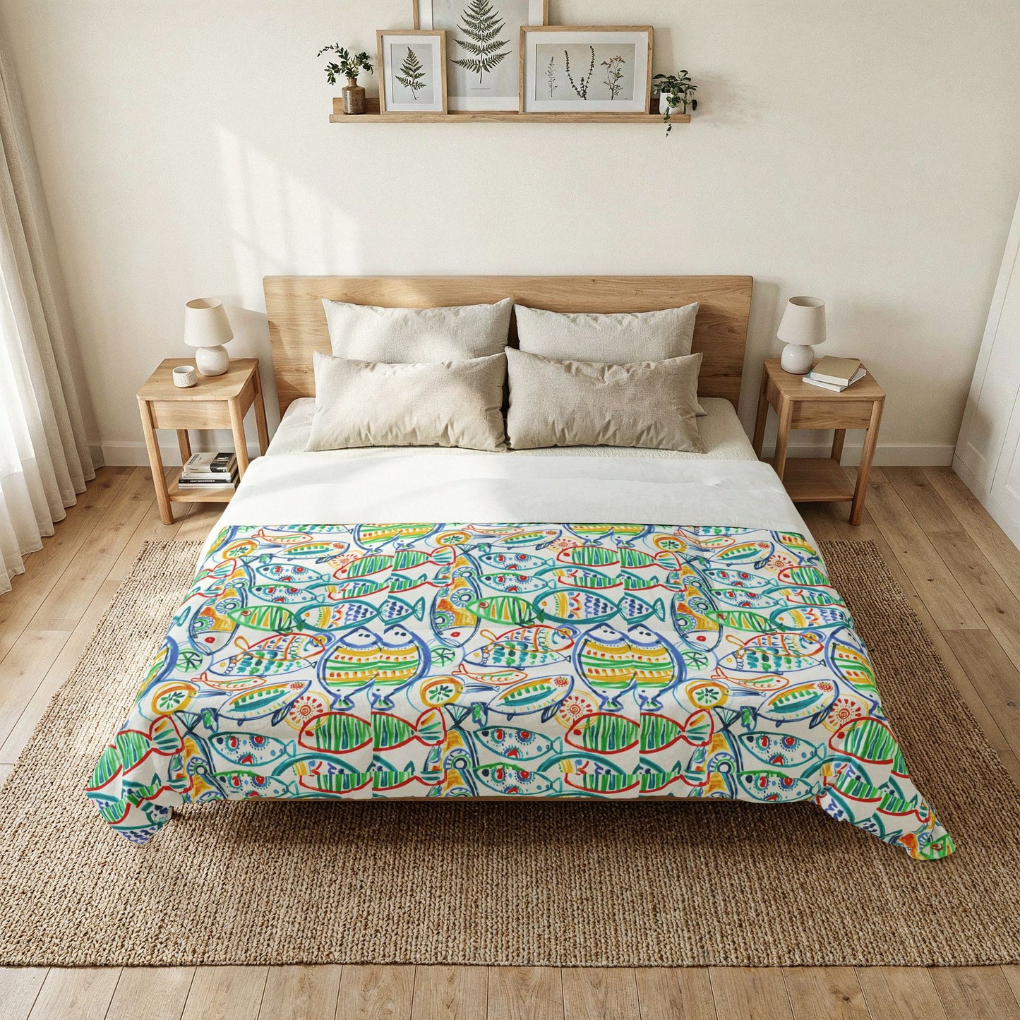 Beach House Cotton Comforter — Colorful Abstract Fish Design