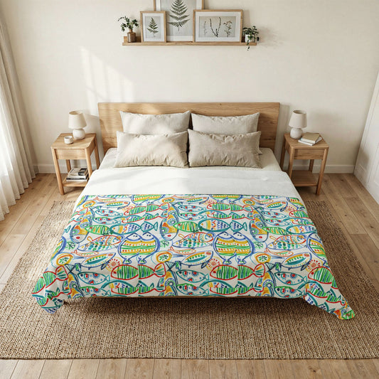 Beach House Cotton Comforter — Colorful Abstract Fish Design
