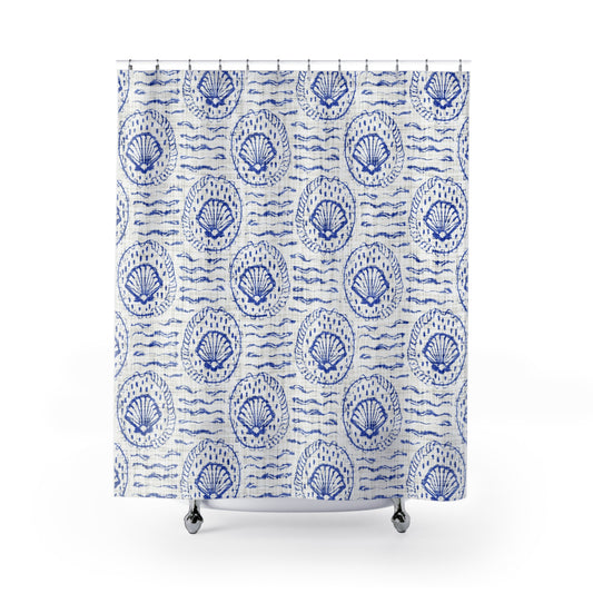 Blue & White Seashell Shower Curtain — Nautical Bathroom Decor