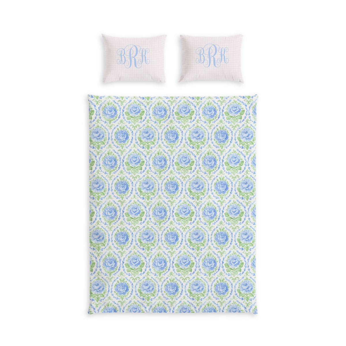 Blue Floral Cotton Duvet Cover Set with Pink Gingham Shams | Teen Girl Bedding | Twin XL Dorm Room Decor | Cottagecore Bedding