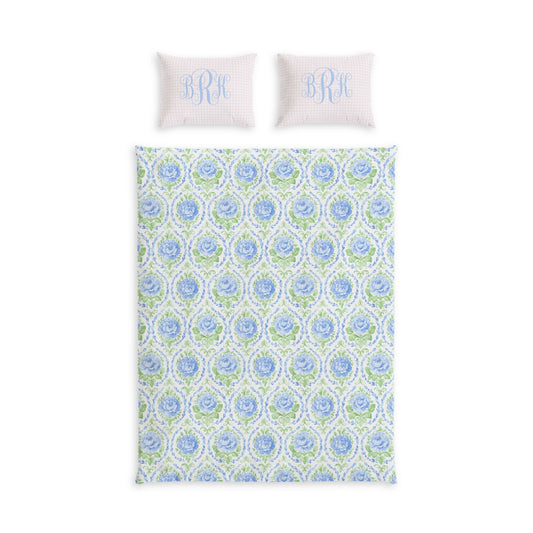 Blue Floral Cotton Duvet Cover Set with Pink Gingham Shams | Teen Girl Bedding | Twin XL Dorm Room Decor | Cottagecore Bedding