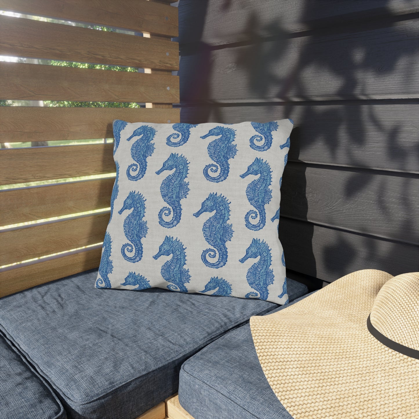 Nautical Seahorse Pattern Outdoor Pillows | Tropical Coastal Throw Pillow