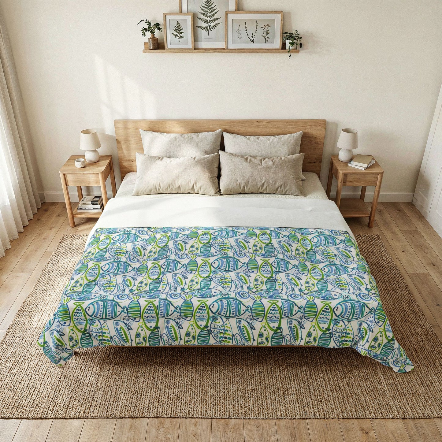 Beach House Cotton Comforter — Green & Blue Abstract Fish Design