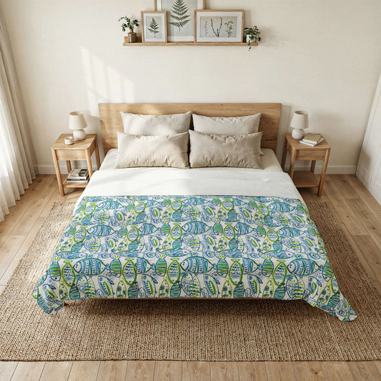 Beach House Cotton Comforter — Green & Blue Abstract Fish Design