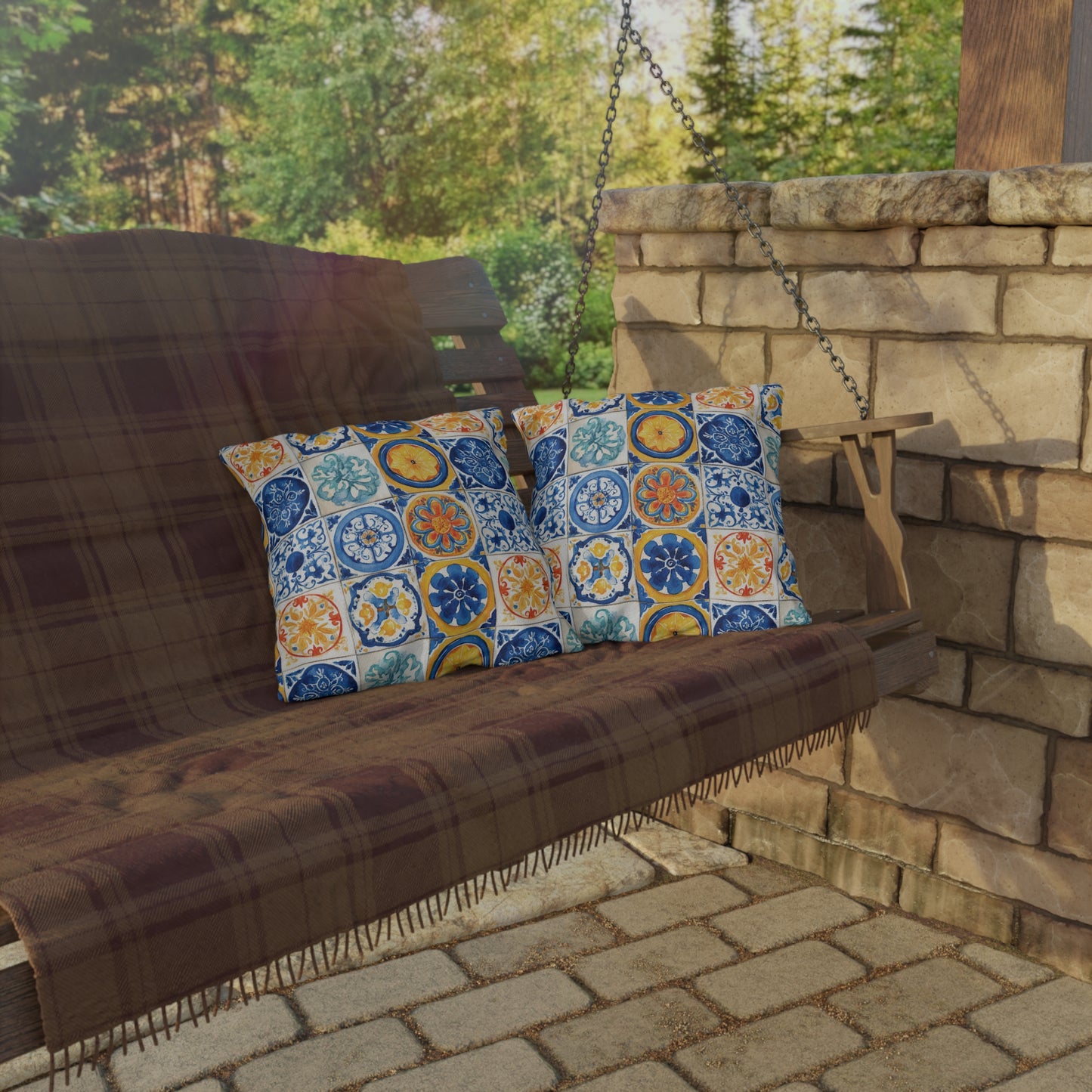 Bright Multicolor Abstract Tile Mosaic Outdoor Pillows