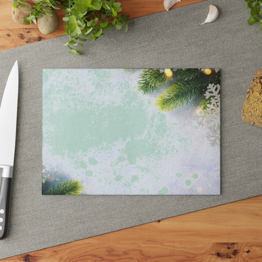 Holiday Pine Glass Cutting Board — Festive Evergreen & Snowflake Kitchen Board