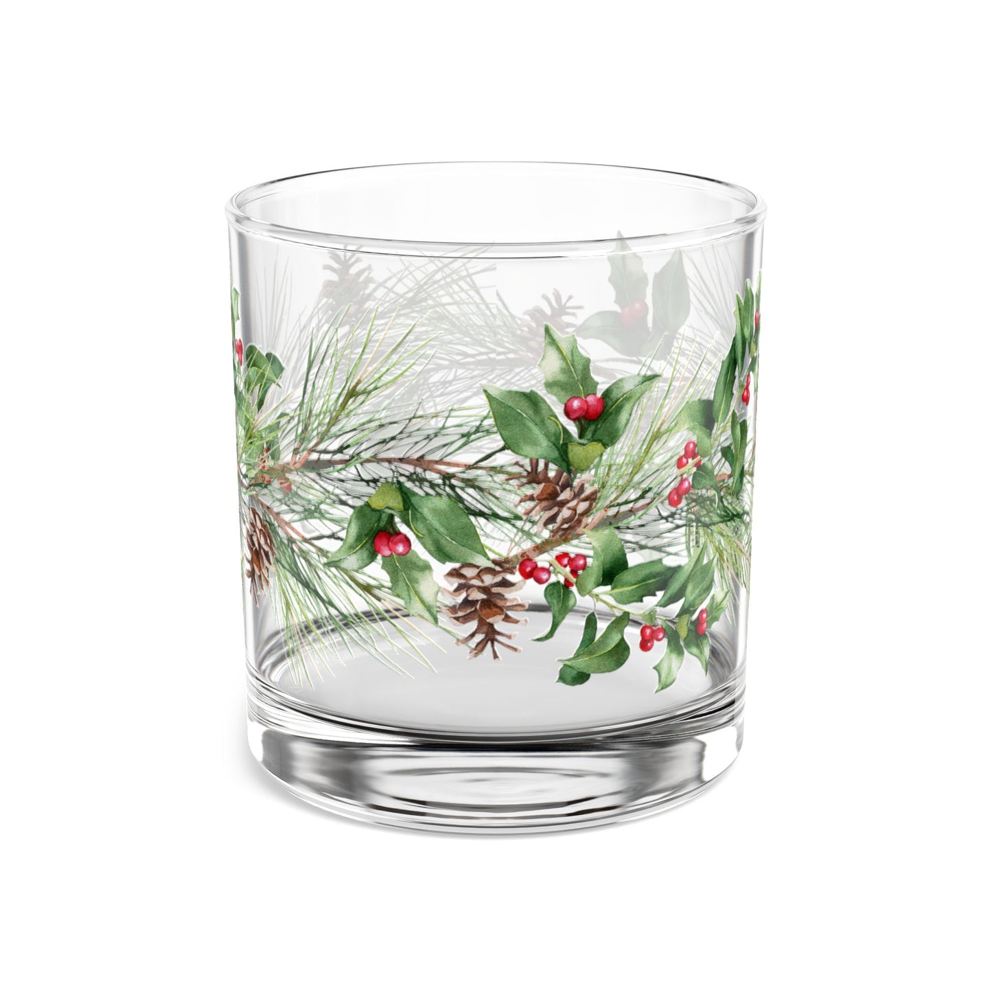 Holiday Pine & Holly Rocks Glass — 10oz Christmas Whiskey Tumbler