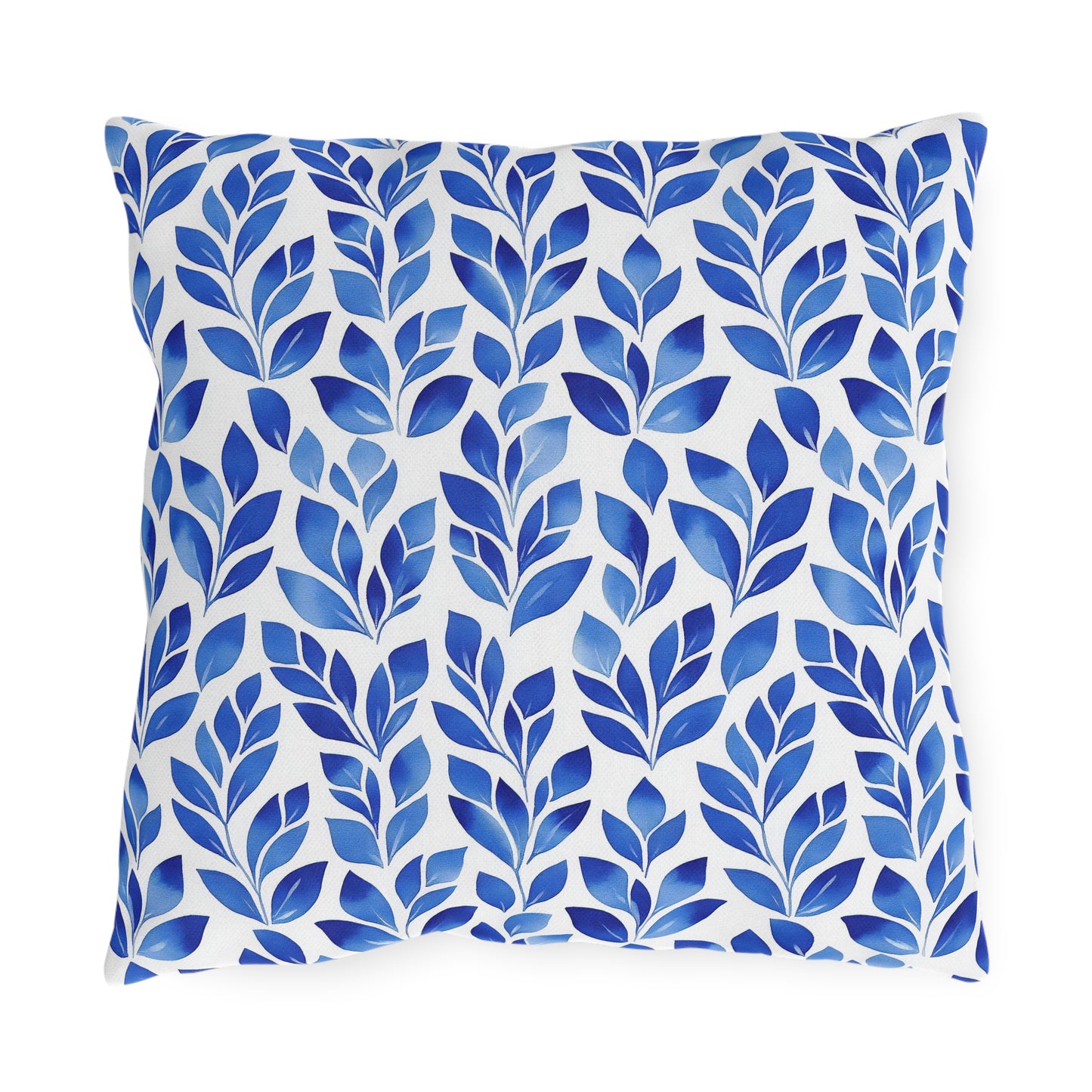 Blue and White Floral Leaf Pattern Outdoor Pillow