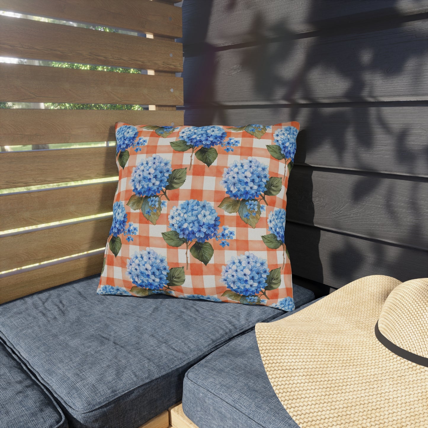 Red Gingham with Blue Hydrangeas Outdoor Pillows | Floral Patio Throw Pillow
