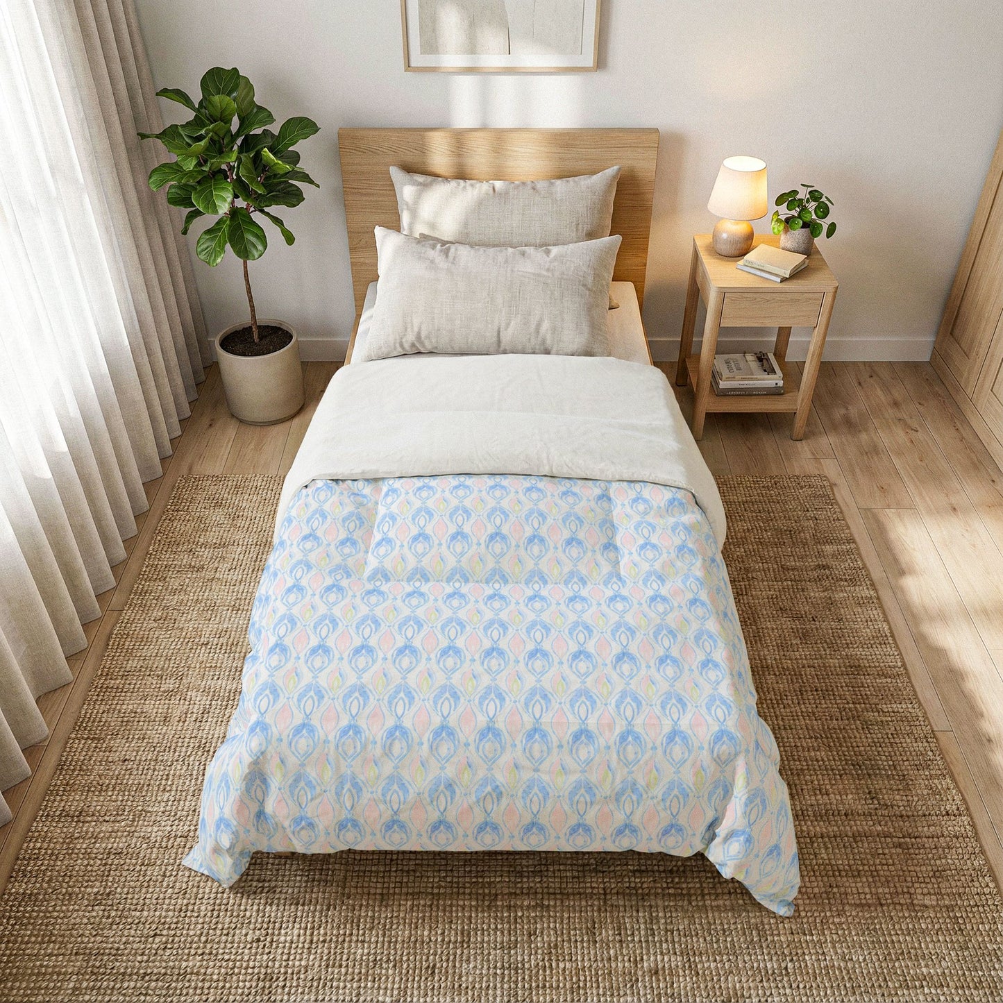 Coquette Watercolor Damask Cotton Comforter — Feminine Floral Bedroom Quilt