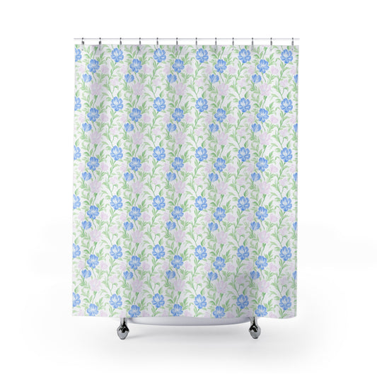 Custom Shower Curtain, Blue Green Pink Floral Watercolor Shower Curtain, Cottage Bathroom, Blue Floral Shower Curtain