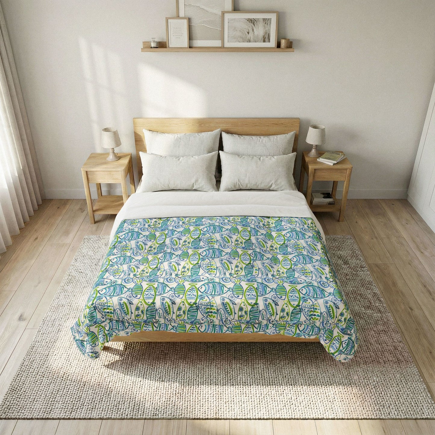 Beach House Cotton Comforter — Green & Blue Abstract Fish Design