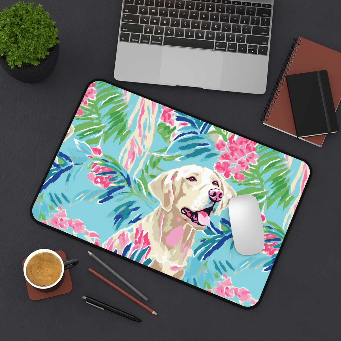 Coastal Watercolor Labrador Desk Mat — Tropical Beach Dog Mouse Pad