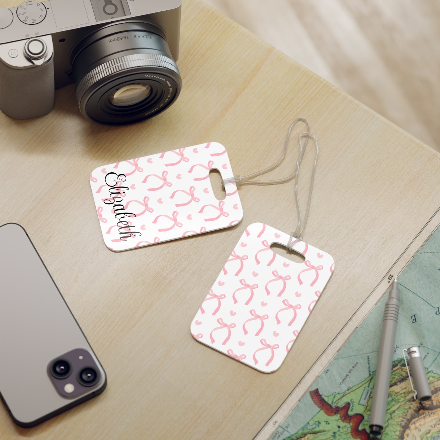 Personalized Pink Bow Luggage Tag — Custom Name Travel ID