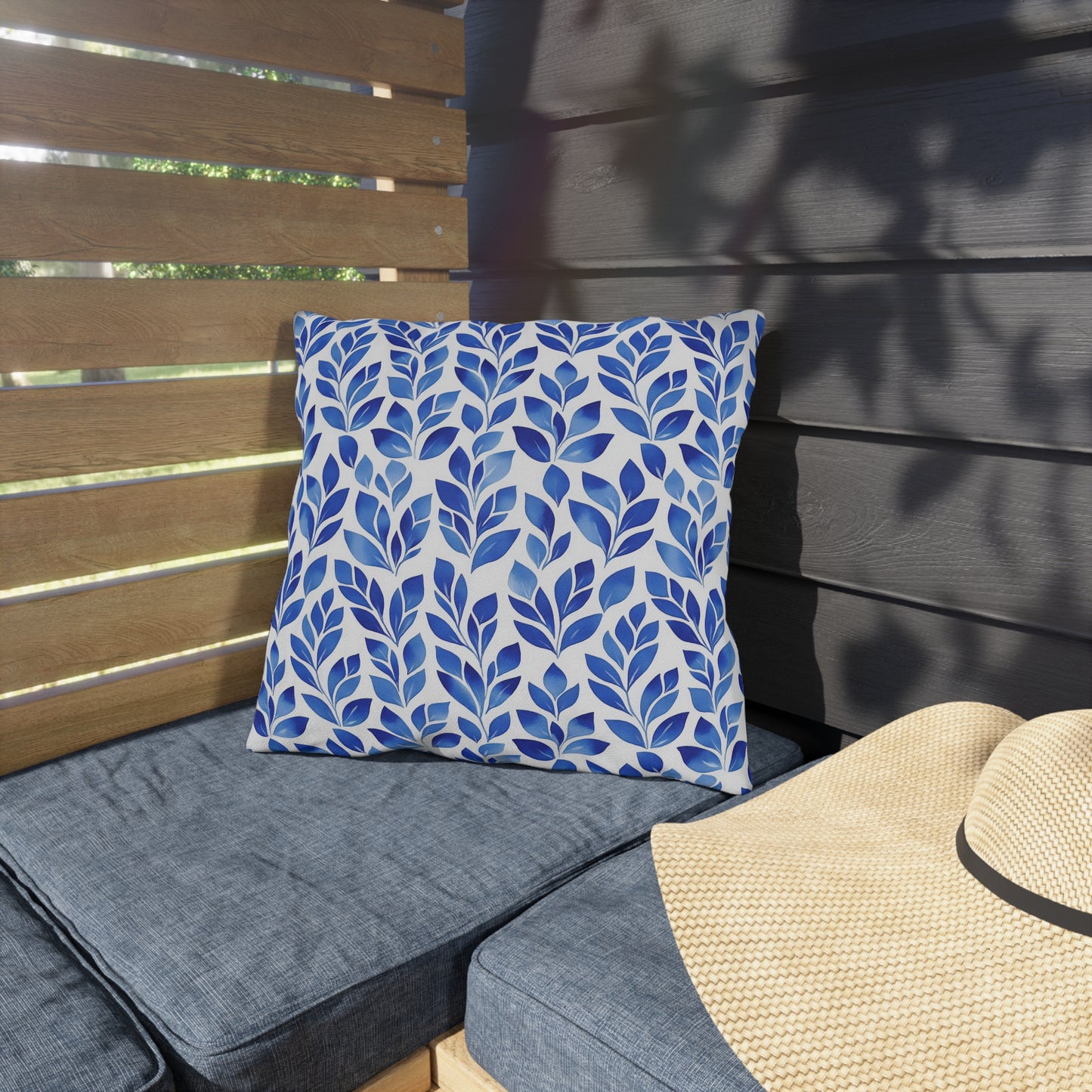 Blue and White Floral Leaf Pattern Outdoor Pillow
