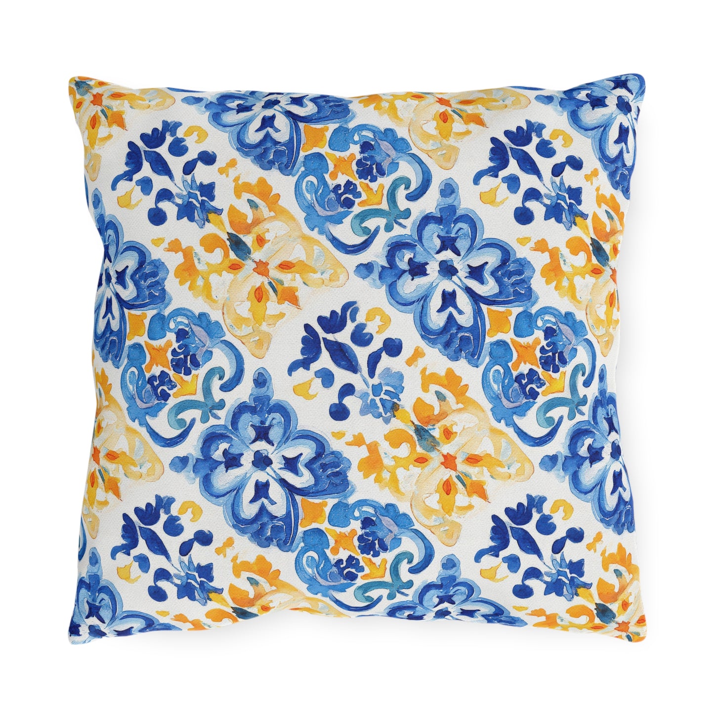 Blue and Yellow Mosaic Watercolor Floral Outdoor Pillows