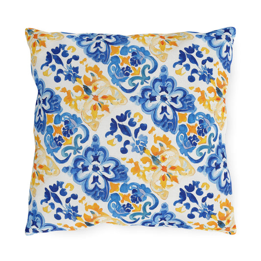 Blue and Yellow Mosaic Watercolor Floral Outdoor Pillows