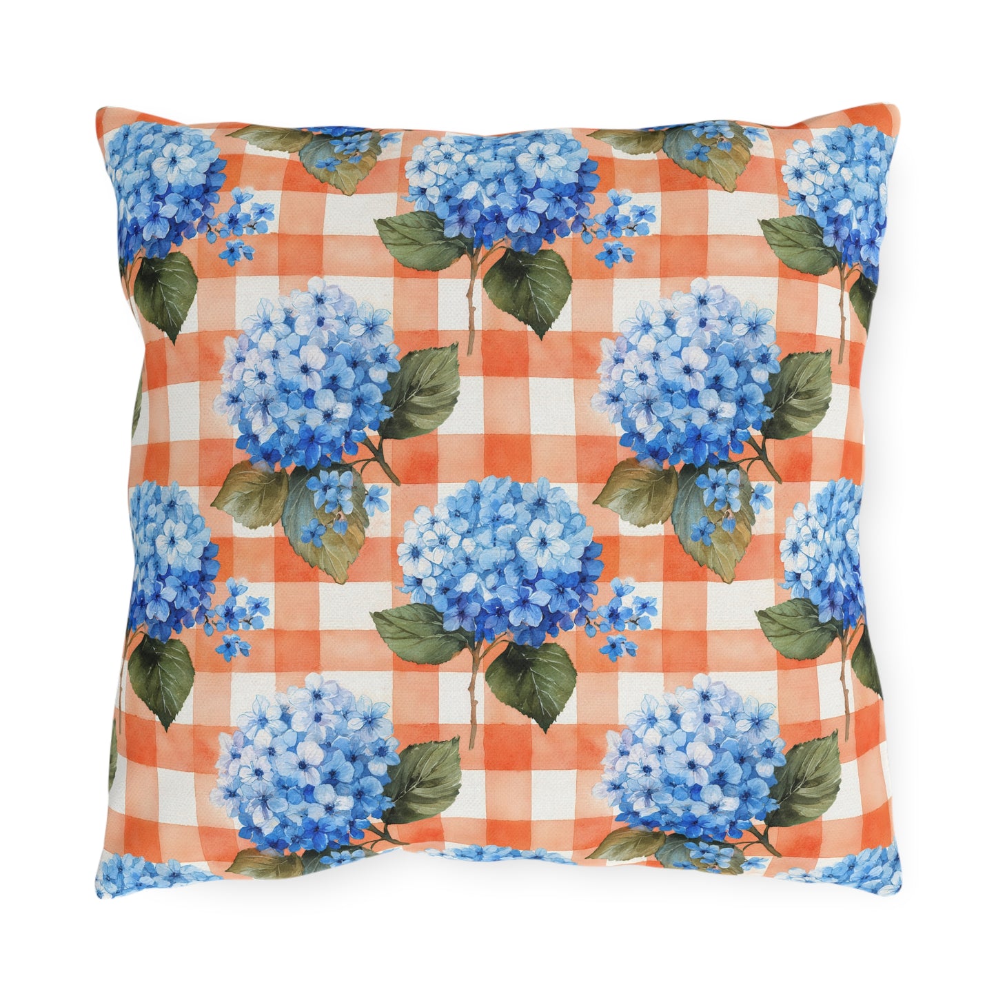 Red Gingham with Blue Hydrangeas Outdoor Pillows | Floral Patio Throw Pillow