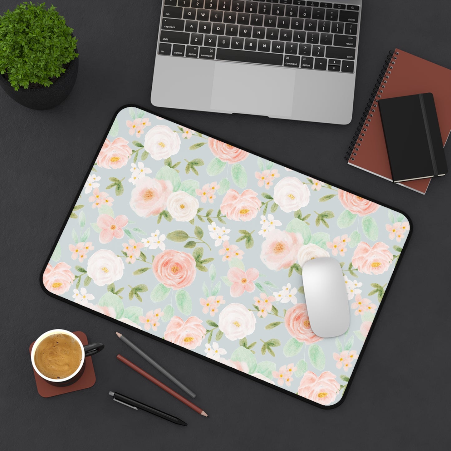 Floral Coquette Desk Mat — Pink & White Rosebud Mouse Pad